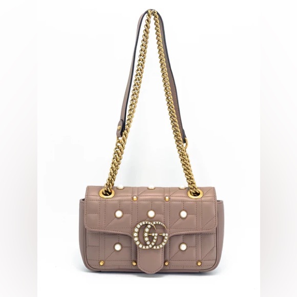 Gucci Pearly GG Marmont Flap Bag Embellished Matelasse Leather Small - Picture 14 of 14